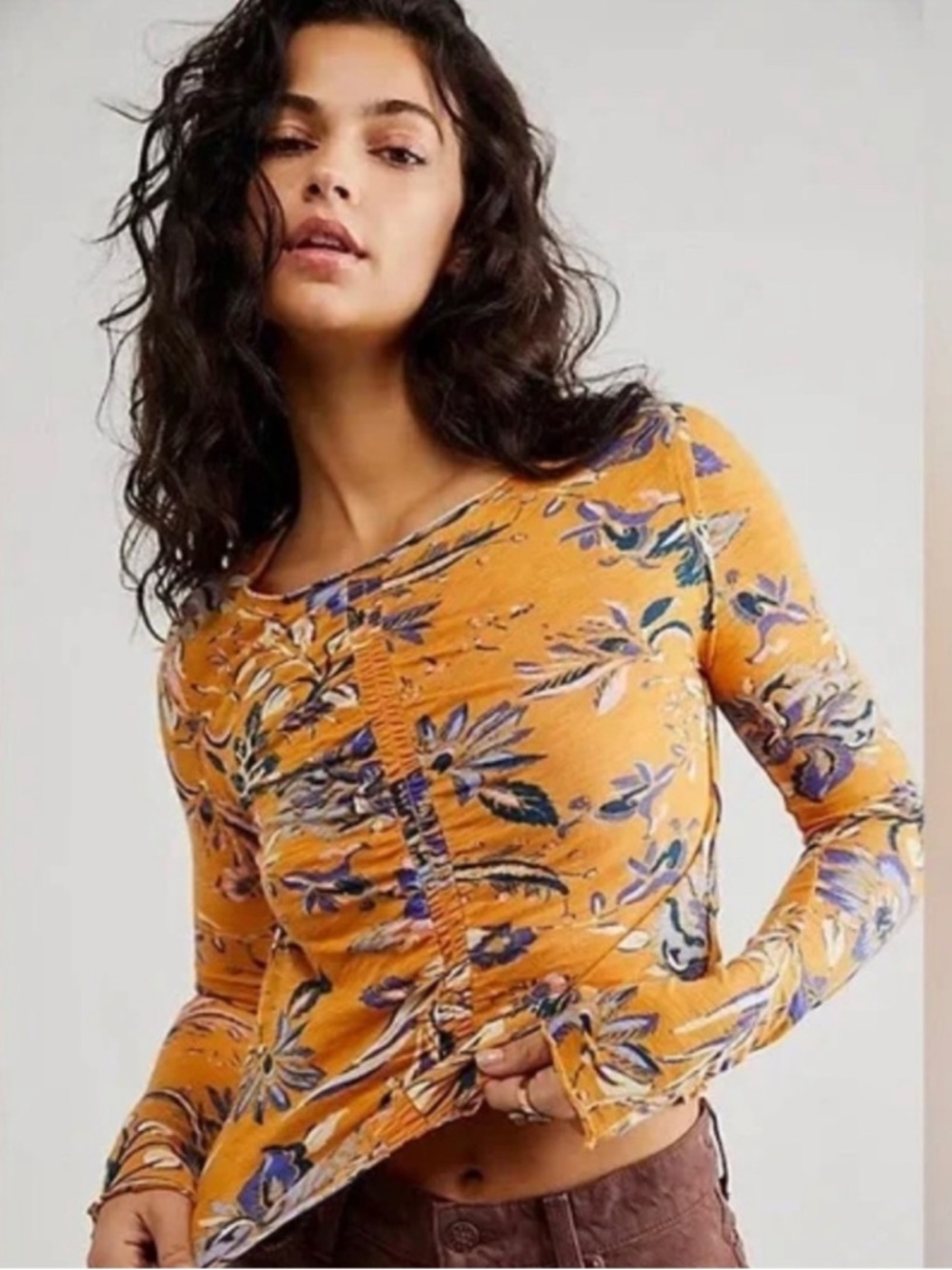 Free People Dreamed of You Orange Floral Ruched Long Sleeve Top Size S